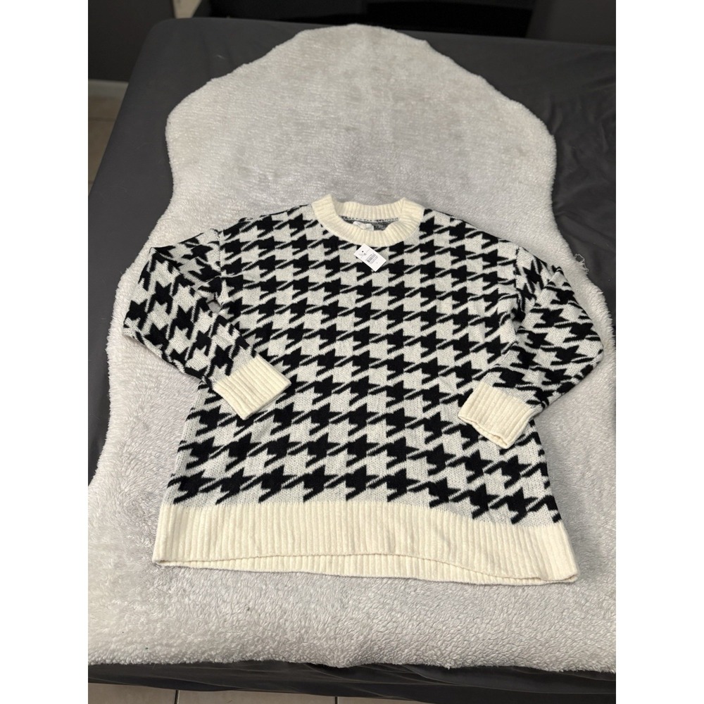 Lou & Grey Houndstooth Crew Neck Sweater Large Classic Timeless Heritage NWT